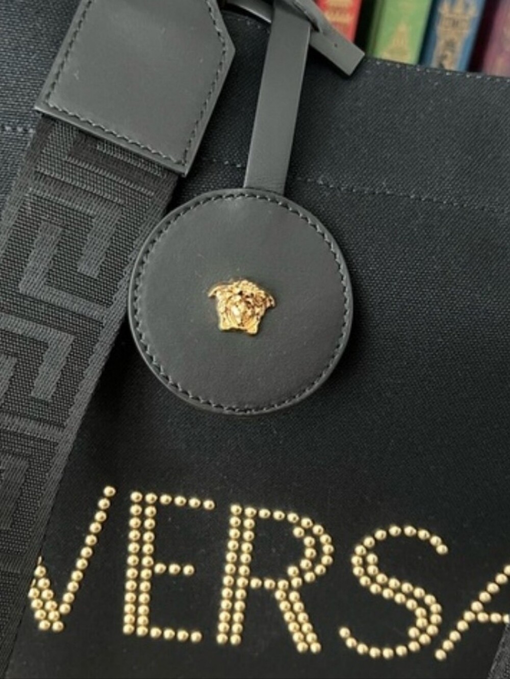 Versace Black Canvas Studded Logo Tote with Gold Accent - Picture 5 of 8